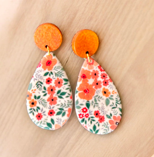 “Flora Vida”Wooden Topper Clay Teardrop Earrings